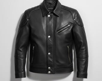 Handmade Black Genuine Leather Biker Jacket - Quilted Shoulders
