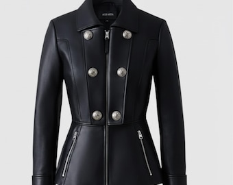 Zweireihige Damen Faux Lammfell Lederjacke, Slim Fit Moto Coat