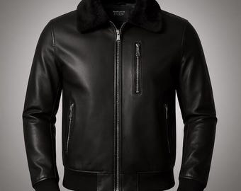 Handmade Black Leather Bomber Jacket – Men’s Winter Fur Collar Coat