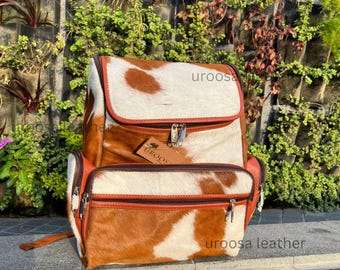 Zaino in pelle bovina fatto a mano, borsa da viaggio western marrone e bianca, borsa per laptop originale