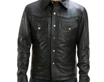 Herren Vintage Schwarz Lammfell Leder Trucker Jacke