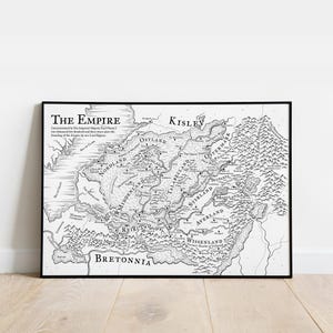 May include: A black and white map of the Empire, a fictional region from the Warhammer Fantasy setting. The map shows the various provinces of the Empire, including Nordland, Middenland, Reikland, and Bretonnia. The map also includes the surrounding regions of Kislev, Ostland, Ostermark, and the Mountains of Mourn.