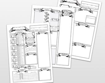 Könnte beinhalten: Drei druckbare Charakterbögen für Dungeons and Dragons Rollenspiele. Die Bögen sind schwarzweiß mit einem pergamentartigen Hintergrund und dekorativen Bannern.