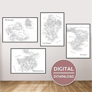 May include: A digital download of four black and white fantasy maps. The maps are titled "Marquet", "Tal'dorei", "Wildmount", and "Issylra".