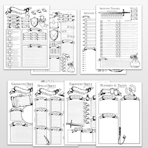 以下が含まれることがあります： ロールプレイングゲーム用の印刷可能なキャラクターシートのセット。シートは、バナー、シールド、ソードで中世風にデザインされています。シートには、キャラクター名、ステータス、呪文、装備、特徴のセクションが含まれています。