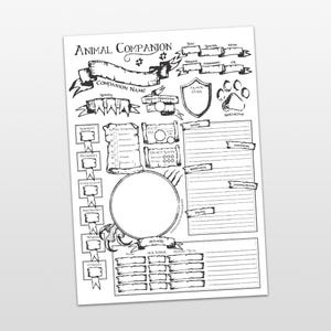 May include: A black and white printable character sheet for a tabletop role-playing game. The sheet is designed for an animal companion, with sections for name, description, stats, abilities, and more.