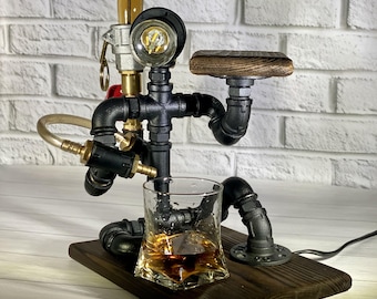 Steampunk Handcrafted Liquor Dispenser - Pipe Robot Lamp, Alcohol Whisky Wine Dispenser, Industrial Whiskey Holder, Rustic Style, Man Cave, Decanter Whiskey Gift, Bar Restaurant Cafe - Gifts For Him - View #9