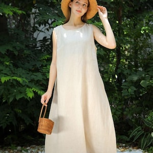 Sleeveless Linen Midi Dress, Casual Linen Dress With Pockets, Plus Size Clothing, Minimalist Outfit