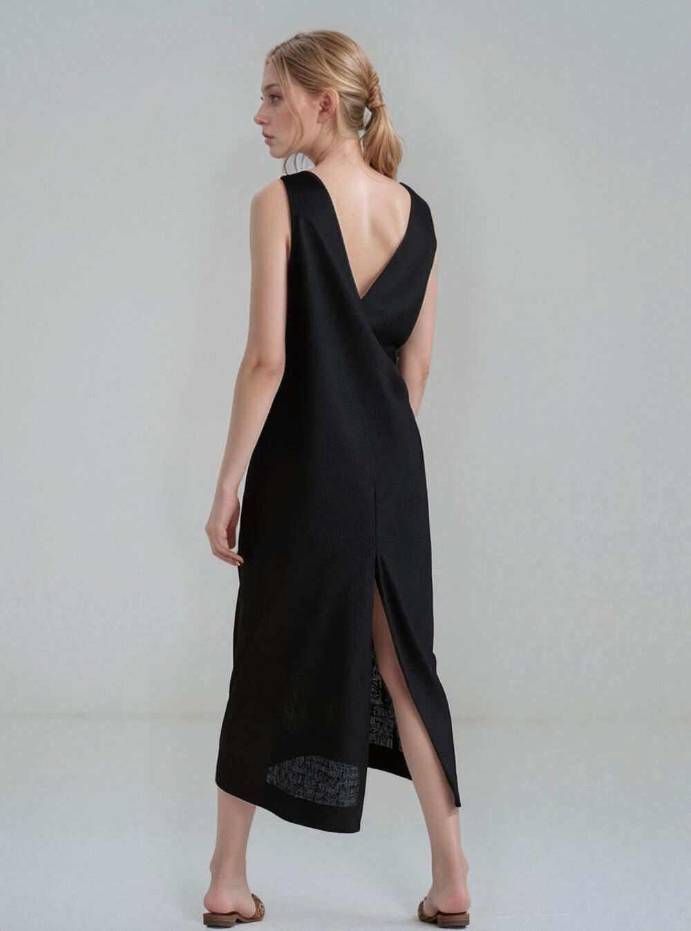 Long V-Neck Linen Dress with Pockets, Loose Fit Comfortable Maxi Dress, Elegant Minimalist Linen Cotton Clothing for Women