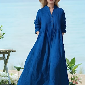 Linen Cotton Long Sleeve Maxi Dress, Buttoned V Neck Dress with Pockets, Summer Fall Outfit
