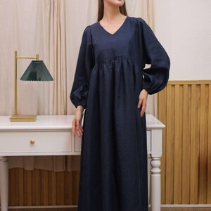 Linen Boho Dress, Ankle Length Dress Lined with Cotton, Oversized Linen Dress, Puff Sleeve Linen Dress, Plus Size Clothing