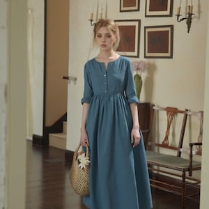 Custom V-Neck Linen Cotton Dress, Long Sleeve Retro Style with Buttons, Pockets, Plus Size Dress, Minimalist Outfit