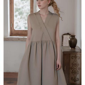 Sleeveless V-Neck Linen Maxi Dress, Linen Midi Dress with Pockets