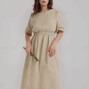 Linen Midi Dress, Loose Fit A-Line Dress With Elastic Waist, Drop Shoulders and Crew Neck Dress, Minimalist Summer Outfit