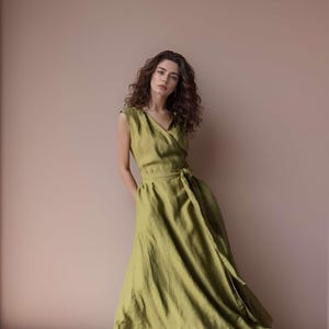Sleeveless Linen Kaftan Wrap Dress, Fit and Flare Summer Maxi Dress, Flowy Linen Swing Dress for Women