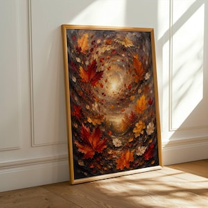 May include: A rectangular framed wall art piece featuring an oil painting of a swirling autumn scene. The composition displays a vortex of vibrant maple leaves in shades of deep red, burnt orange, and golden yellow against a dark, moody background.