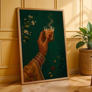 May include: A framed vertical wall art print featuring a dark green background with a hand adorned in henna and stacked gold bangles holding a steaming glass of chai. The artwork includes white floral sprigs and scattered cardamom pods.