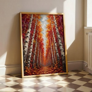 May include: A framed oil painting depicting a dense forest path lined with tall birch trees. The scene features vibrant autumn foliage in shades of red, orange, and yellow, with a thick carpet of fallen leaves covering the ground in the foreground.