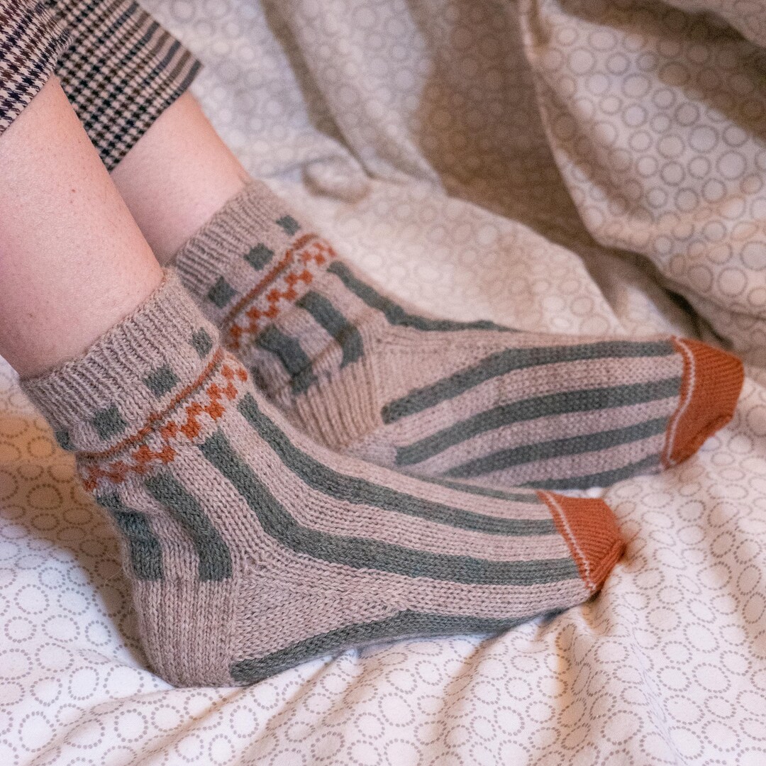 Sock Knitting Pattern, Stranded Colorwork, Stripes and Squares - Retro ...