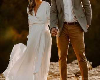 White Silk Fully Lined Simple Wedding Dress Long Sleeve Bridal Dress Silk Elopement Dress Engagement Dress Casual Civil Wedding Dress
