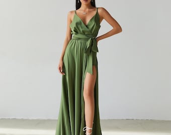 Olive Green Silk Sleeveless Maxi Dress Bridesmaid Dress Wedding Guest Dress Satin Summer Boho Dress Simple Formal Evening Dress Prom Dress