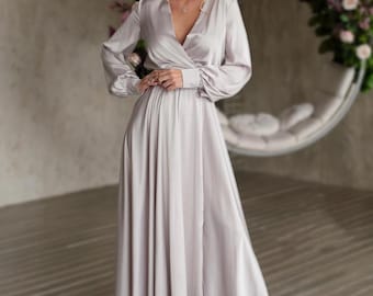 Silver Grey Silk Maxi Dress Satin Long Sleeve Bridesmaid Dress Wedding Guest Dress  Evening Gown Mother of the Bride Dress Maternity Dress