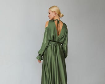 Olive Silk Long Sleeve Cold Shoulder Open Back Maxi Dress Wedding Guest Dress Formal Evening Gown Special Occasion Dress Beach Boho Dress