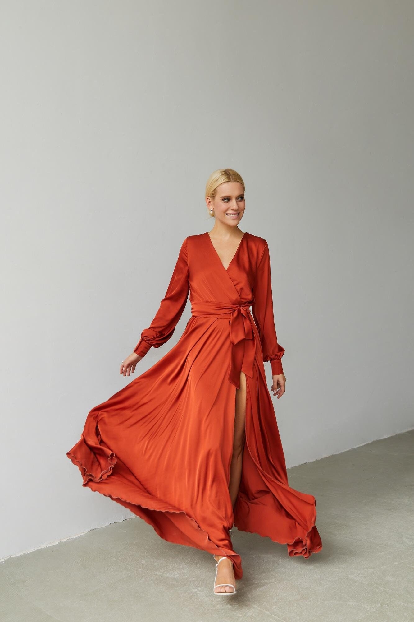 Rust Silk Maxi Wrap Dress Satin Long Sleeve Dress Bridesmaid Dress Wedding Guest Dress Boho Maxi Fall Dress Evening Gown Plus Size Dress