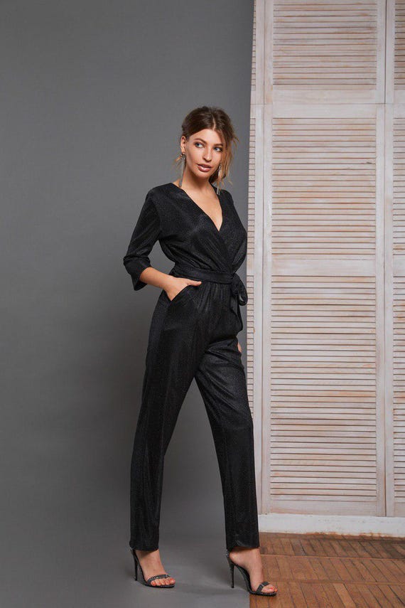 Womens Jumpsuit Black And Silver Sparkly Jumpsuit TARA SILVER