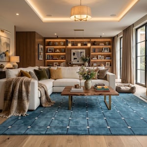 Hand tufted modern blue wool area rug with geometric grid pattern in a contemporary living room setting with neutral furniture and wooden accents.