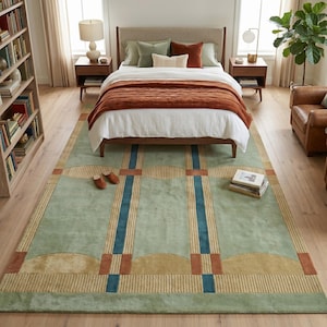 Hand tufted sage green area rug with geometric grid pattern placed beneath a modern bed in a bright bedroom.