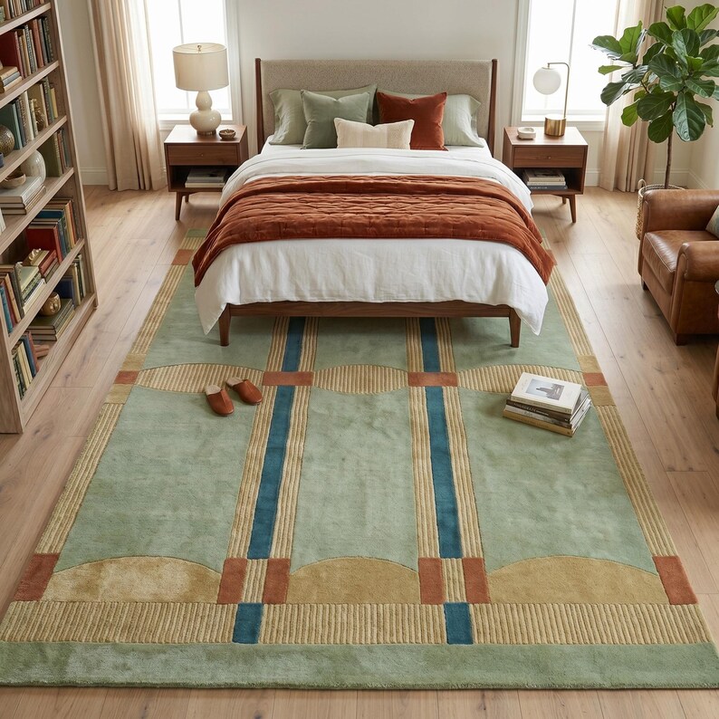 Hand tufted sage green area rug with geometric grid pattern placed beneath a modern bed in a bright bedroom.