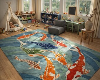 Hand Tufted Koi Fish Rug, Japanese Pond Carp, Blue Green Water Pattern Carpet