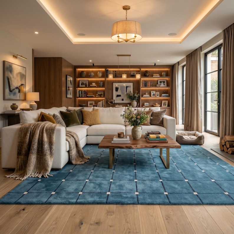Hand tufted modern blue wool area rug with geometric grid pattern in a contemporary living room setting with neutral furniture and wooden accents.