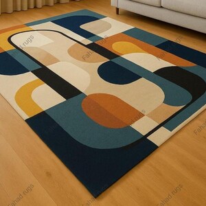 Hand tufted wool rug geometric mid-century modern art rug for colorful living rug