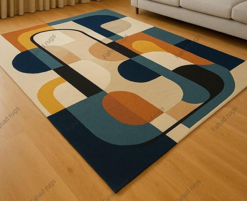 Hand tufted wool rug geometric mid-century modern art rug for colorful living rug