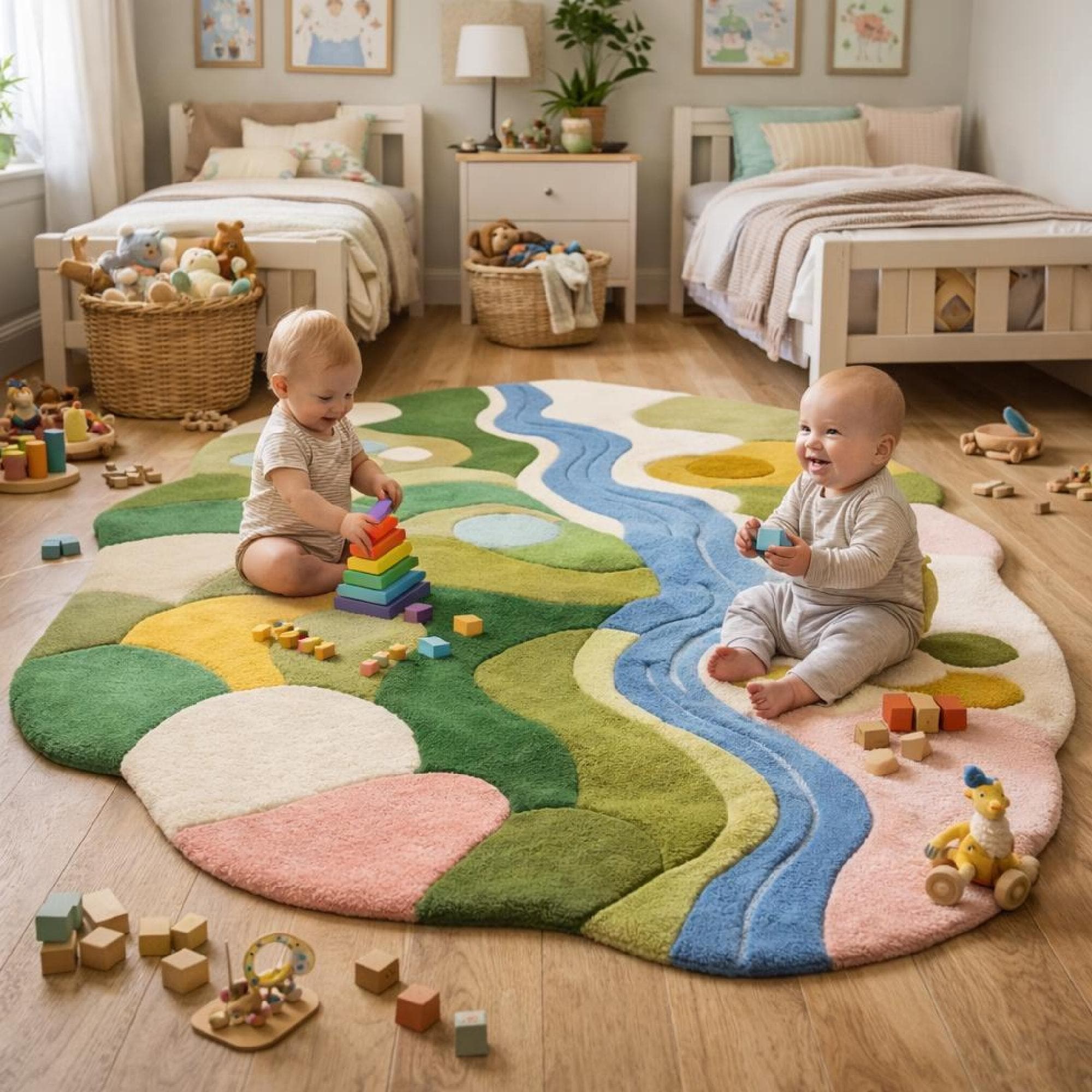 Abstract River Hills Play Rug | Irregular Boho Nursery Carpet