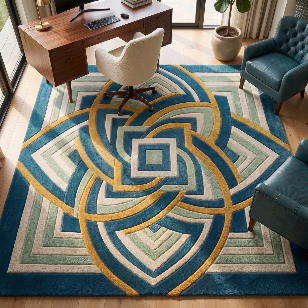 Geometric Celtic Knot Hand Tufted Wool Rug -teal Blue Gold Abstract ...