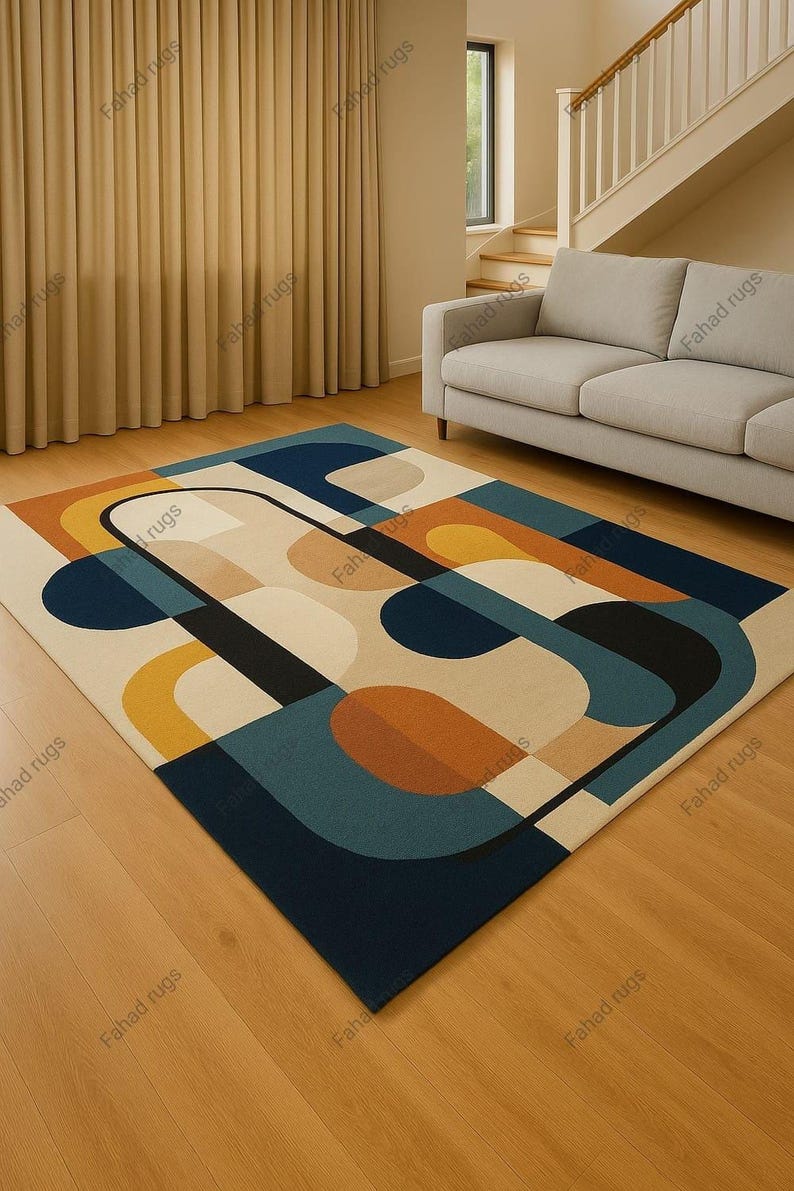 Hand tufted wool rug geometric mid-century modern art rug for colorful living rug
