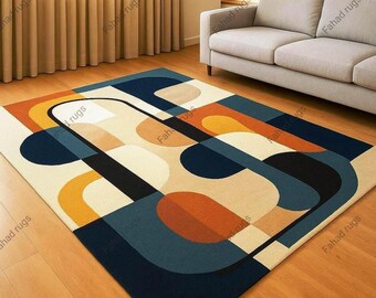Hand Tufted Wool Rug: Mid-Century Modern Geometric Design, Colorful Living Room Accent