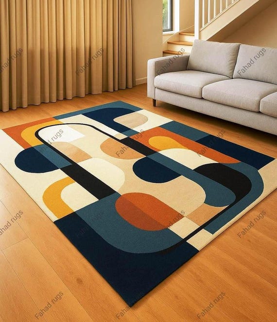 Hand tufted wool rug geometric mid-century modern art rug for colorful living rug