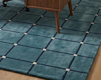 Hand Tufted Wool Area Rug, Modern Blue Grid Carpet, Minimalist Living Room Decor