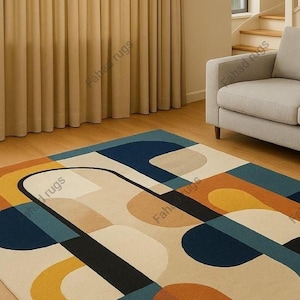 Hand tufted wool rug geometric mid-century modern art rug for colorful living rug