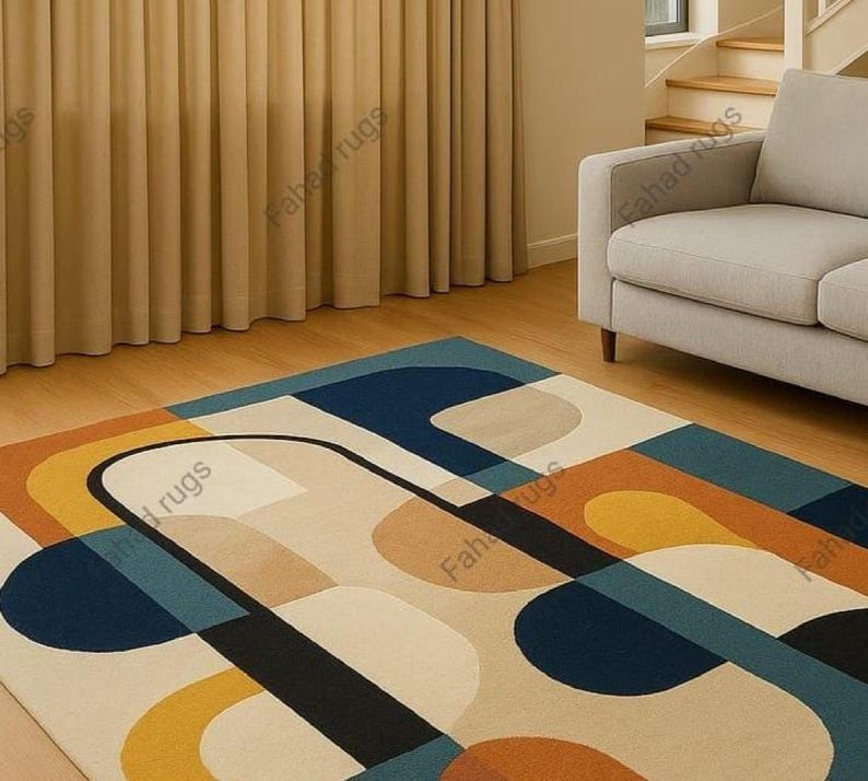 Hand tufted wool rug geometric mid-century modern art rug for colorful living rug