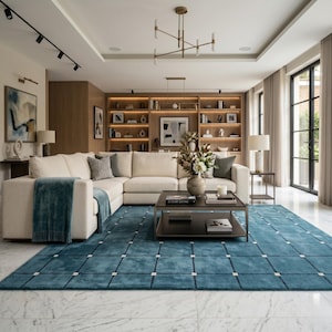 May include: A modern living room featuring a large white sectional sofa, a teal rug with a grid pattern, and a dark brown coffee table. The room has a built-in bookshelf, artwork, and large windows with sheer curtains. A teal throw blanket is draped over the sofa.