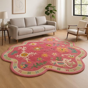 Hand-Tufted Pink Floral Rug Irregular-shaped Wool Area Rug Living room, Bedroom, Nursery, Entryway, Office 4x6, 5x8, 8x10,and 9x12 Area Rug