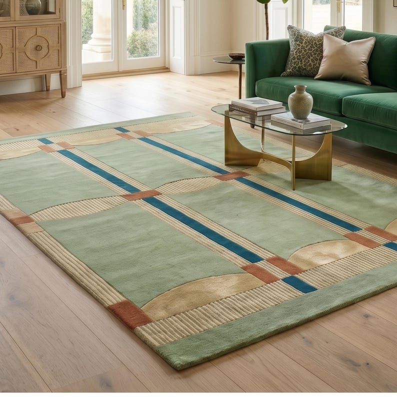 Puede incluir: Alfombra rectangular con dise&ntilde;o geom&eacute;trico. Presenta un fondo verde claro con un patr&oacute;n de cuadr&iacute;cula con detalles azules, beige y &oacute;xido. Ubicada sobre un suelo de madera en un sal&oacute;n, creando un ambiente acogedor.