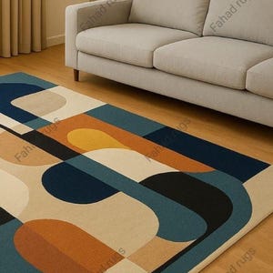Hand tufted wool rug geometric mid-century modern art rug for colorful living rug