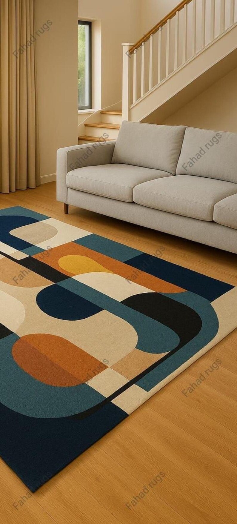 Hand tufted wool rug geometric mid-century modern art rug for colorful living rug