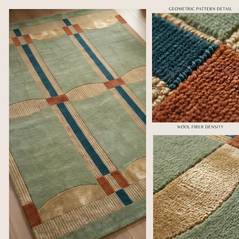 Puede incluir: Una alfombra rectangular con un dise&ntilde;o geom&eacute;trico. La alfombra presenta un fondo verde claro con rayas verticales turquesas y beige y detalles en color &oacute;xido. Los detalles de primer plano muestran la densidad de la fibra de lana y los detalles del patr&oacute;n.